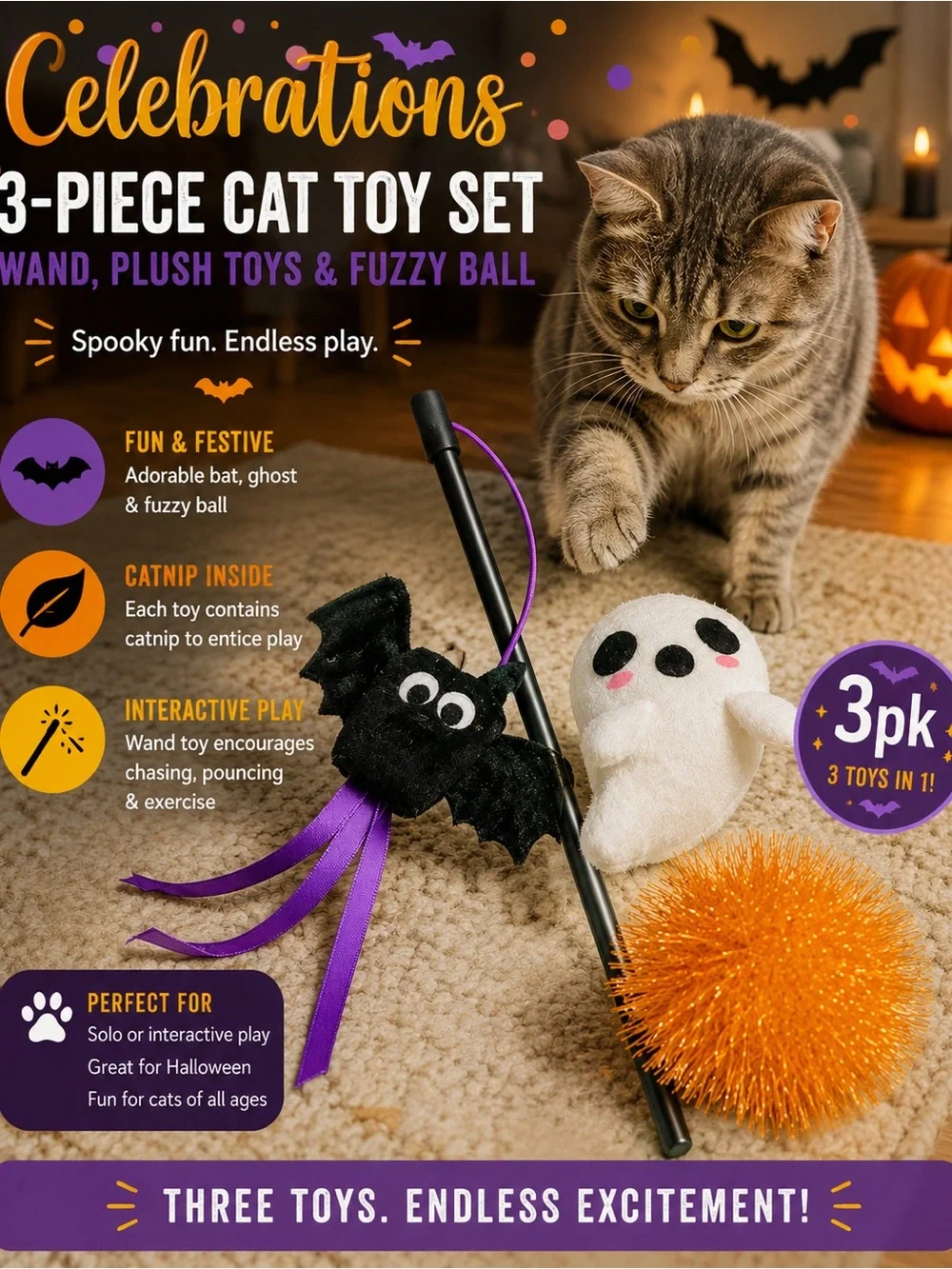 Celebrate It Halloween 3-Piece Cat Toy Set – Black, Purple, White, Orange